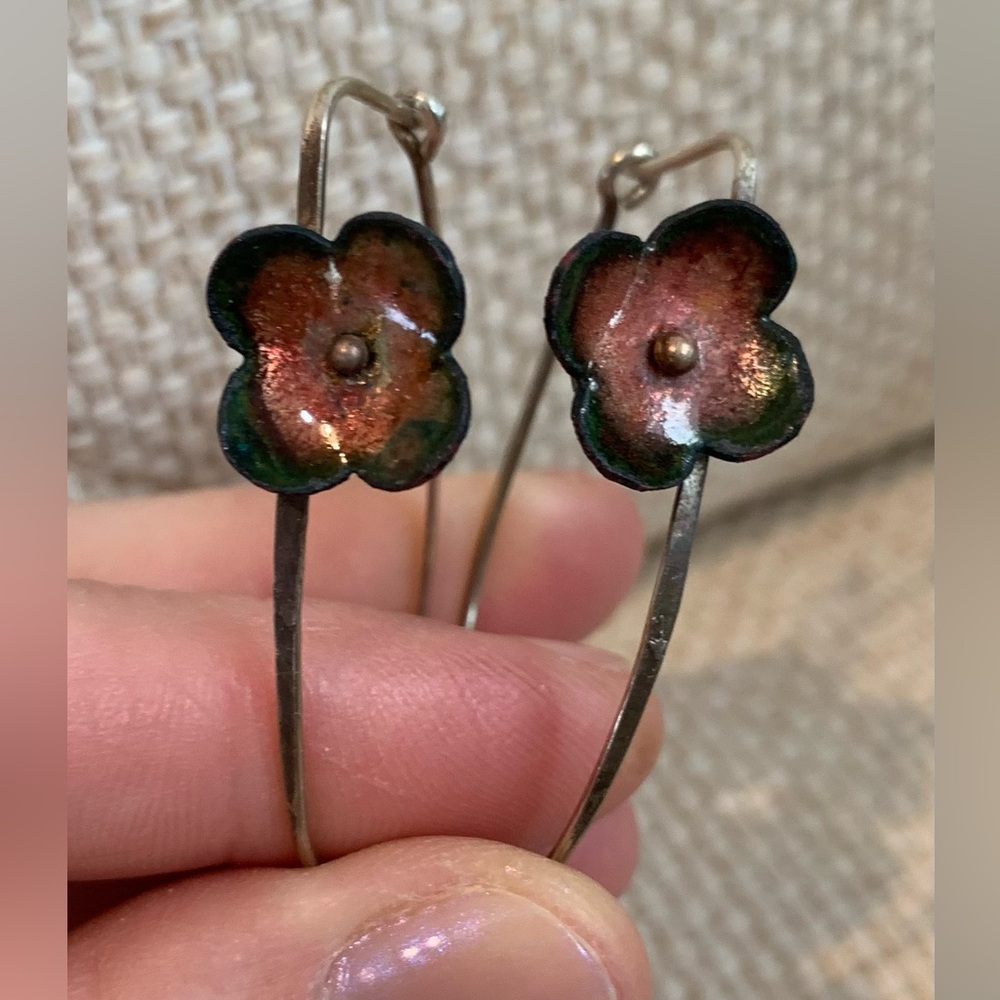 Sterling silver enamel flower hoop earrings